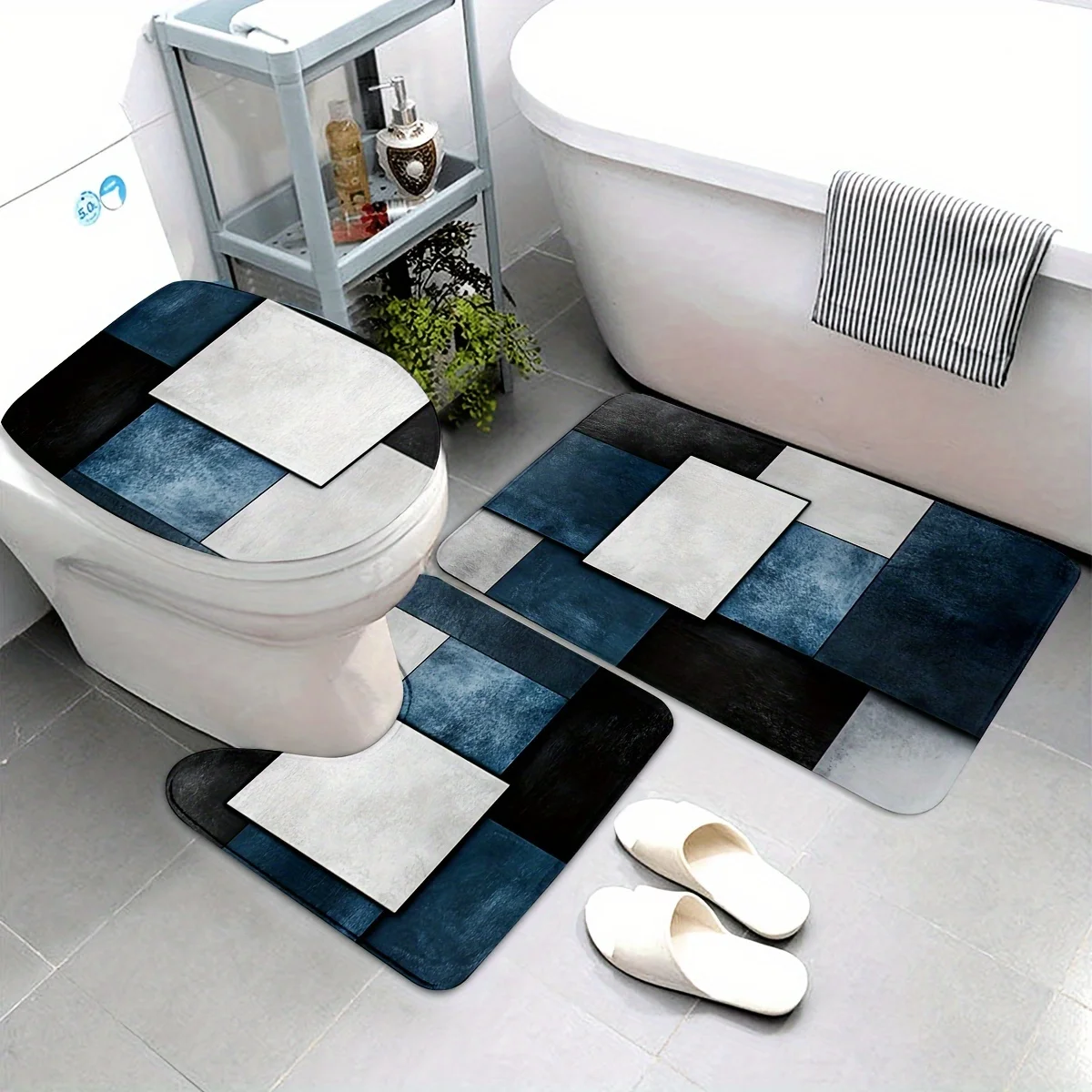 3-teiliges waschbares Teppich-Set mit quadratischem Muster für Badezimmer und Schlafzimmer – inklusive Badematte, U-förmigem Teppich und Toilettendeckelbezug Image