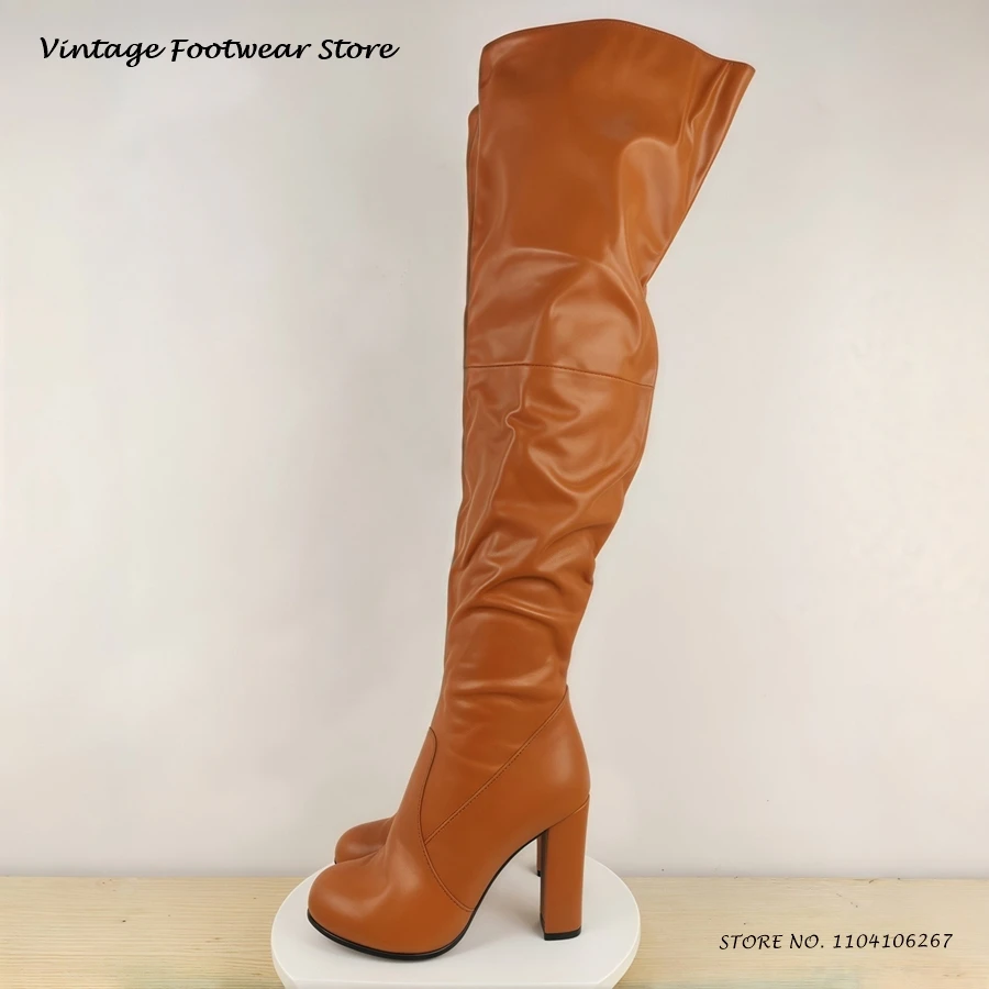 Oberschenkelhohe Stiefel aus braunem Leder, modisch, runde Zehen, klobiger Absatz, sexy Damenschuhe, Frühling und Herbst, seitlicher Reißverschluss, Overknee-Stiefel