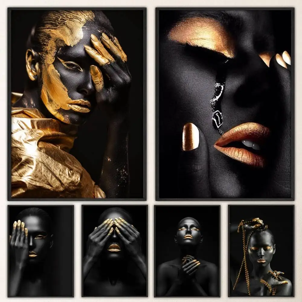 Frau Golden Makeup Dark Style Poster Fancy Wandaufkleber für Wohnzimmer Bar Retro dekorative Malerei Zimmer Image