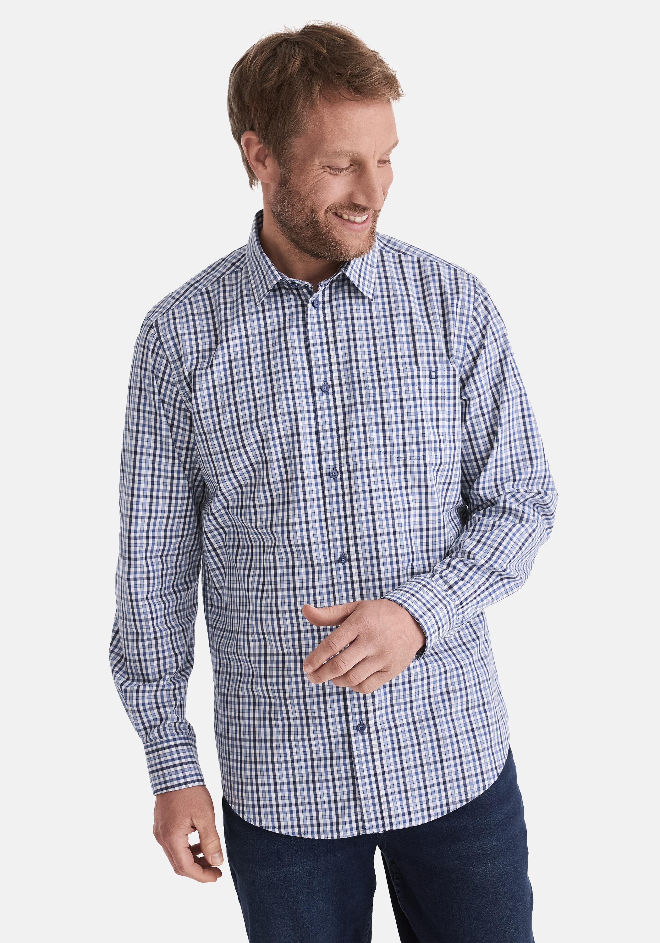 Langarmhemd STOOKER MEN "HUGH Hemd Langarm Regular Fit", Herren, Gr. XL, US-Größen, blau check, Web, 60% Baumwolle, 40% Polyester, regular fit, Hemden, Langarm Hemd Regular Fit für Herren