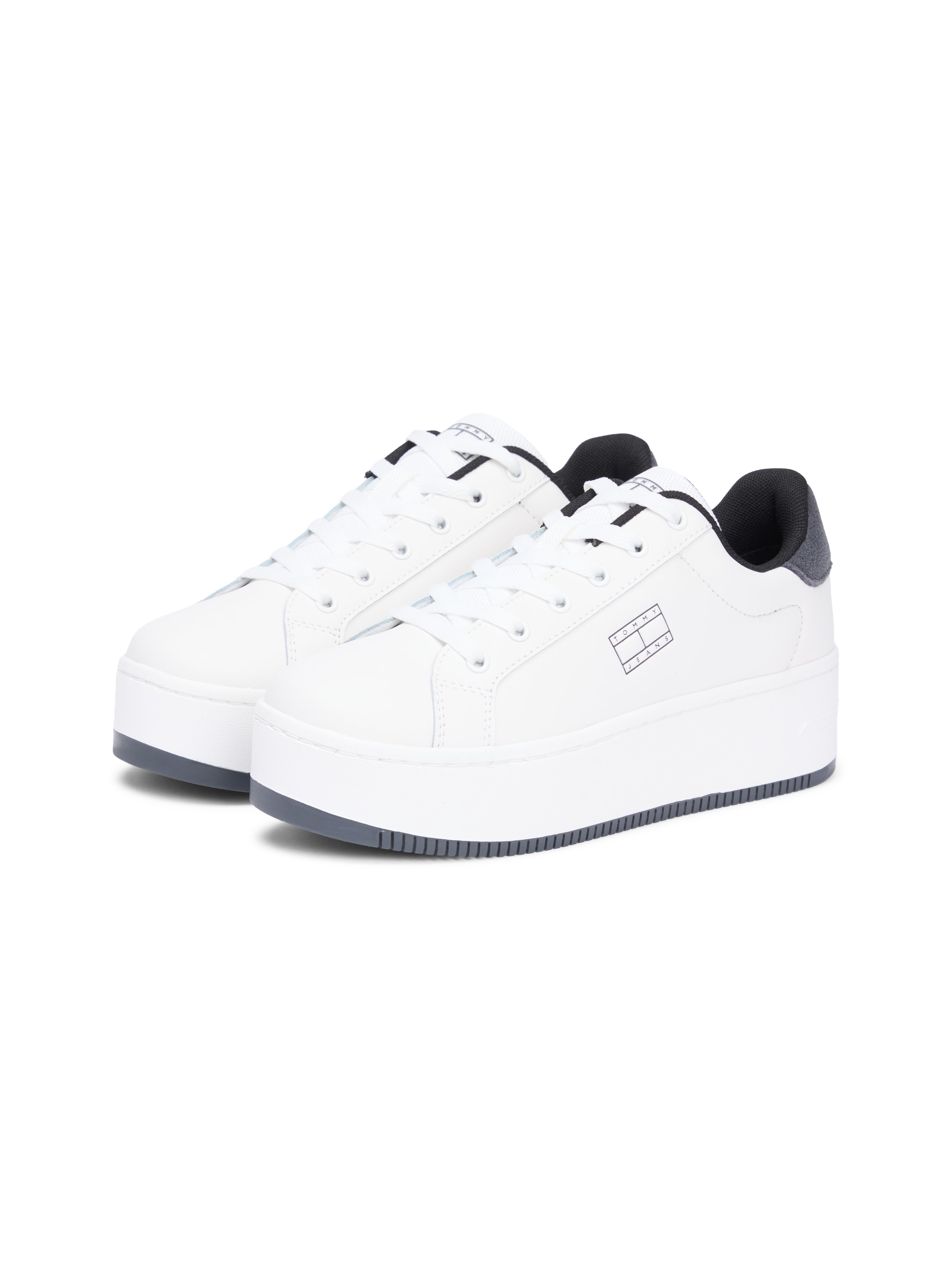 Plateausneaker TOMMY JEANS "TJW FLATFORM ESS MU", Damen, Gr. 35, ecru, schwarz, Leder, Schuhe Plateausneaker