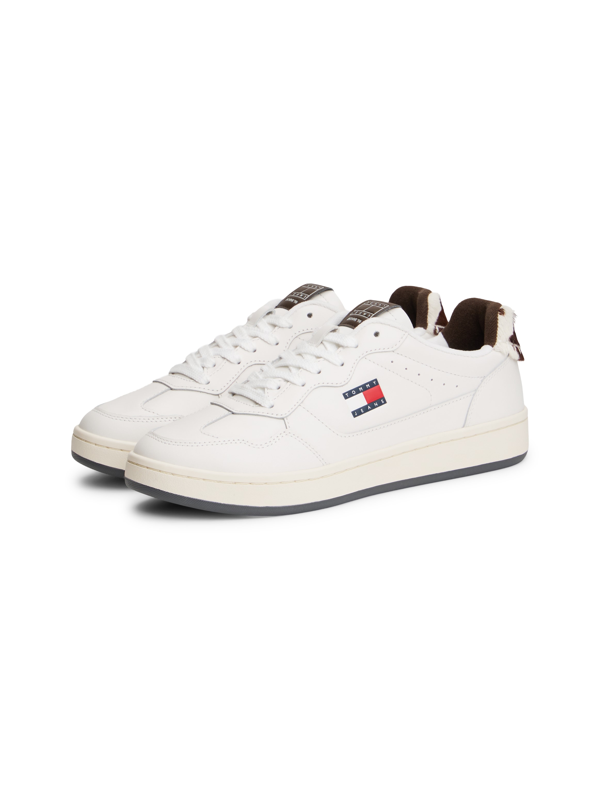 Plateausneaker TOMMY JEANS "ARCHIVE '98 CALF HAIR TAB", Damen, Gr. 40, weiß, braun, Leder, Lederimitat, Schuhe Plateausneaker