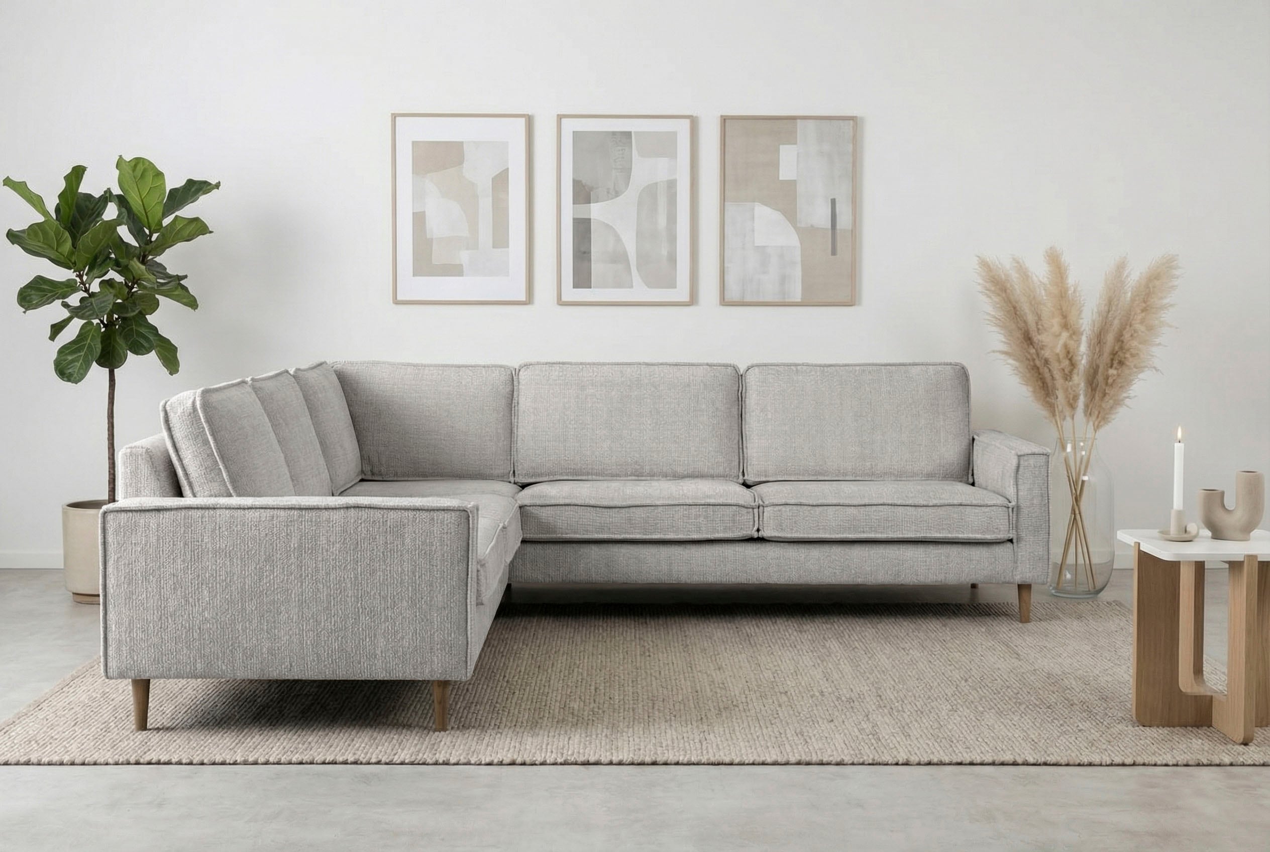Ecksofa HOME AFFAIRE "Pinto Skandi, 290 cm, Chenille, Struktur, Ottomane links / rechts", silber grau, B:290cm H:85cm T:250cm, 100% Polyester, Sofas, Ecksofa, mit Keder, Massivholzfüße Eiche geräuchert, Wellenunterfederung