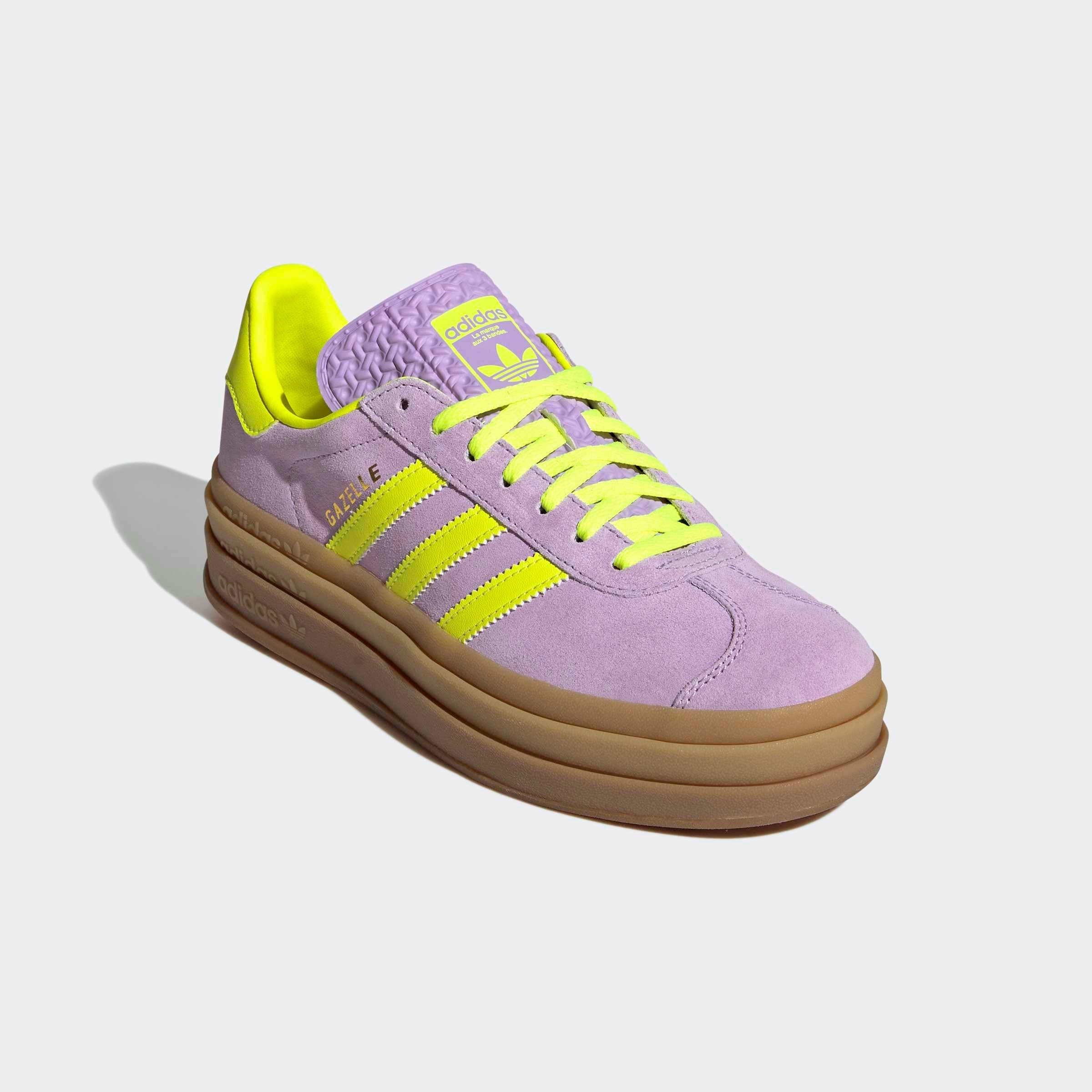Sneaker ADIDAS ORIGINALS "GAZELLE BOLD", Damen, Gr. 41, powder plum, solar gelb, gold metallic, Leder, Synthetik, Schuhe Sneaker