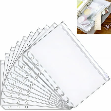 CCOCC 10 Pack A5 Binder Pockets 6 Holes Zipper Binder Pouch Folders Clear PVC 6-Ring Binder Bags Waterproof Loose Leaf Bags Cash Budget Envelopes for A5 Notebook Binder Planners