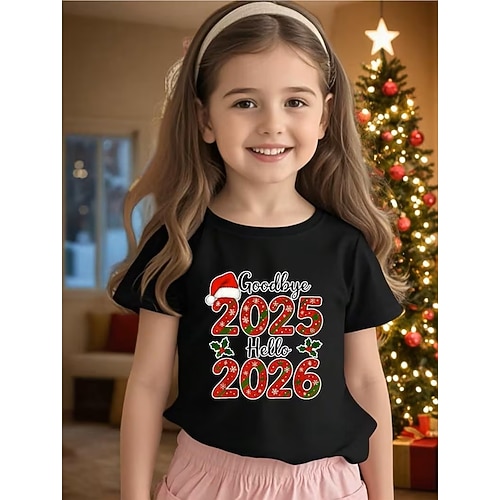 Baumwoll-Kinder-Mädchen-Silvesterparty 2026, schwarz-weiße Grafik mit Zitaten Sprüche, Hut, T-Shirt, Rundhalsausschnitt, Kurzarm, Urlaub, Sport Outdoor-Alltagskleidung, Urlaubsmode, lässige Image
