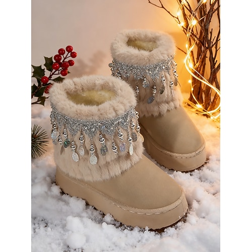 Beigefarbene Schneestiefel aus Kunstfell mit Strassquasten – warme Plateau-Stiefeletten für Winterpartys, Weihnachten und festliche Anlässe Image