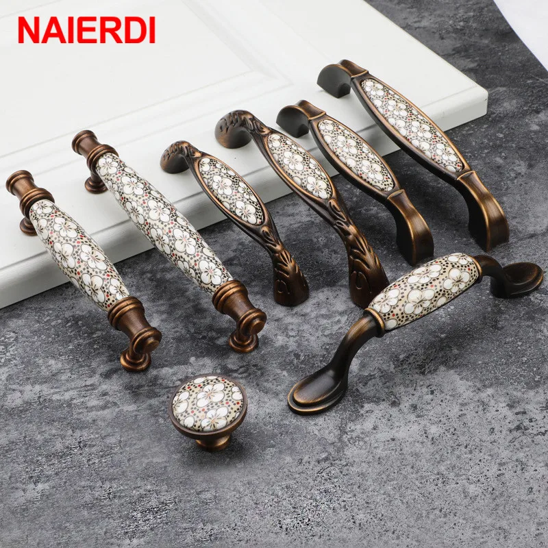 NAIERDI Vintage Bronze Keramik Schrank Griffe Antike Schublade Knöpfe Schrank Tür Griffe Europäischen Möbel Griff Hardware