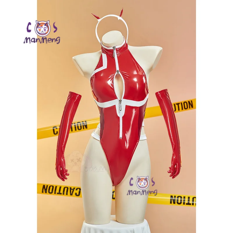 Zero Two Cosplay Kostüm Anime DARLING in the FRANXX Roter Lederoverall Kopfbedeckung, Handschuhe Halloween Karneval Frauen sexy Uniform