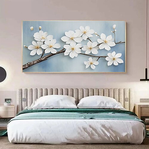 Magnolienblüten-Gemälde auf Leinwand, 3D-Blumenstruktur-Wandkunst, florale Kunst, Gemälde eines blühenden Zweigs, große Wohnzimmerkunst mit Textur-Look Image