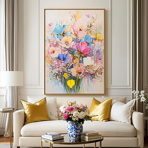 Originales, handgemaltes, farbenfrohes Blumenbild auf Leinwand – ein großes Wandbild, abstrakte Blumenkunst, strukturierte Wandkunst, individuelles Gemälde, Wohnzimmerdekoration, Geschenk Image
