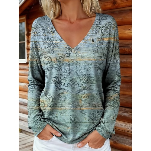 Damen Boho T-Shirt Grafik Pflanzen Tribal Vintage Stylisch Klassisch Langarm V-Ausschnitt Reguläre Oberteile Täglicher Druck Blau Hellgrün Wein Navy Blau Fuchsia Frühling Herbst Winter Image