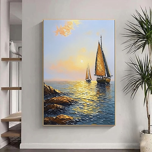 Originales Segelbootgemälde Gold Blaue Meereslandschaft, handgemaltes Ölgemälde, Wandkunst, Ozean-Sonnenuntergang, Segelboot, Heimdekoration, gerollte Leinwand Image