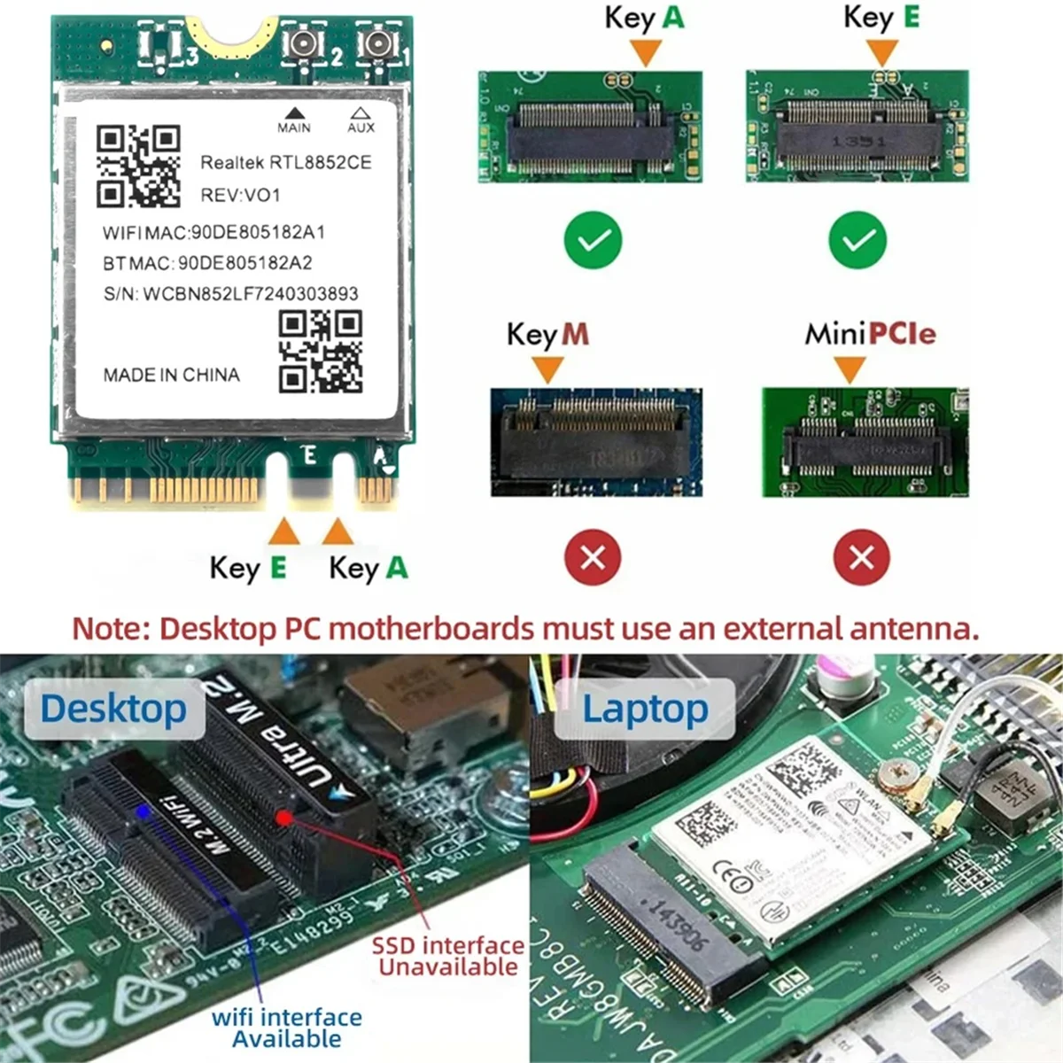 Neue Tech WiFi 6E RTL8852CE M.2 Netzwerkkarte 5400 Mbit/s 802.11AX BT 5.3 Wireless Adapter Tri Band 2,4/5/6 GHz für 10/11 Image