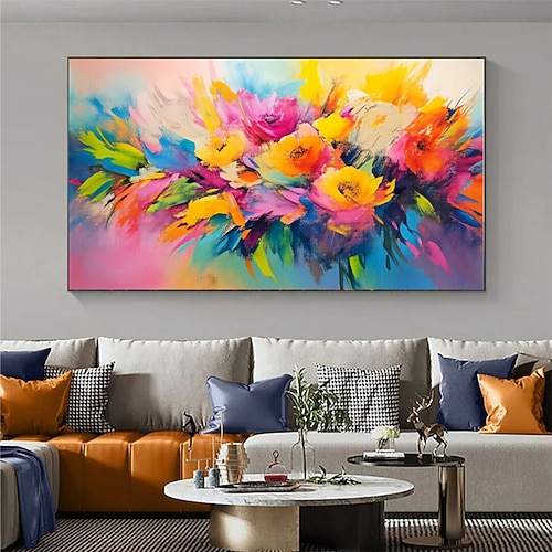 Handgemaltes, farbenfrohes Blumenbild im abstrakten Ölmalerei-Stil, Wandbild auf Leinwand, Poster, Dekoration für Zuhause, Küche, Büro, Geschenkidee Image
