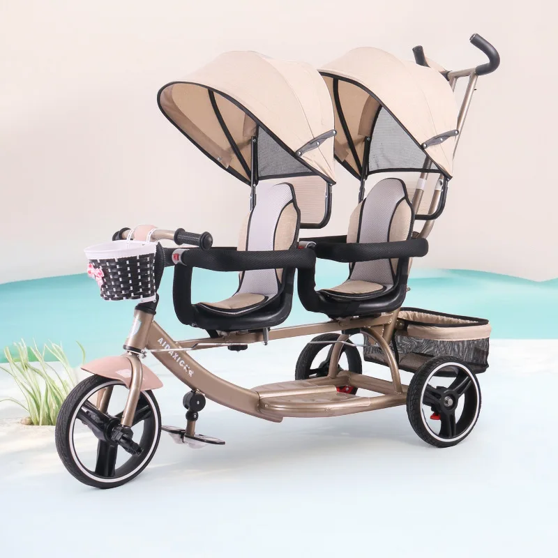 4-in-1 umkehrbares Doppelsitz-3-Rad-Fahrrad für Kinder, Trike für Twin-Kleinkind-Dreirad, Kinderwagen, Kinderwagen, zwei Baby-Trike