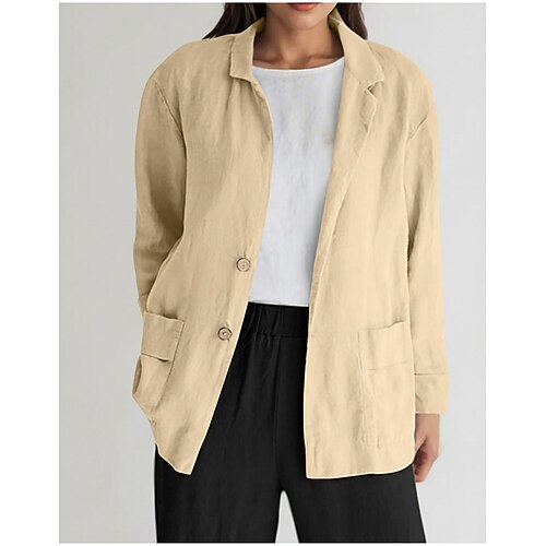 Damenjacke aus Baumwoll-Leinen, lässig, bequem, atmungsaktiv, mit Knöpfen, elegant, schlicht, Retro-Stil, klassisches Design, lockere Passform, lange Ärmel, schwarz, olivgrün, pfirsichfarben, Image