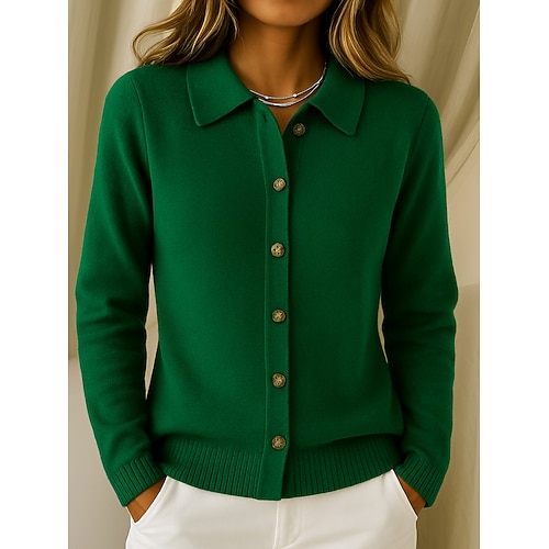Damen Pullover Strickjacke Urlaub Mode Lässig Einfarbig Gerippt Umlegekragen Hemdkragen Knöpfe Langarm Normale Oberteile Stricken Täglich Heim Ferien Rote Purpur Herbst Winter