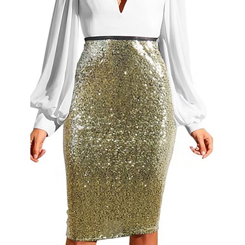 Damen Elegant Mode Knielang Hohe Taille Röcke Einfach Pailletten Mikroelastisch Party Straße Wein Schwarz Dunkelgrün Dunkelgrau Frühling Image