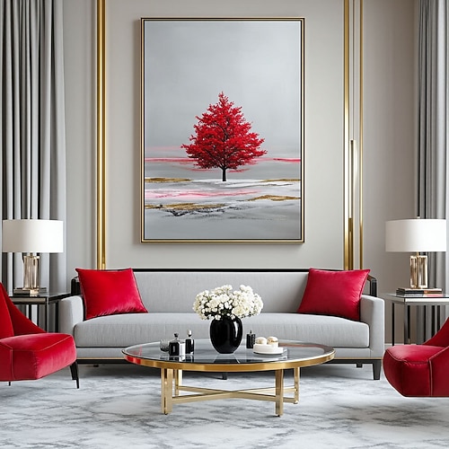 Abstraktes Leinwandbild mit rotem Baum, großes Wandbild für Zuhause oder Büro, handgefertigt auf Bestellung, Geschenk für Kunstliebhaber Image