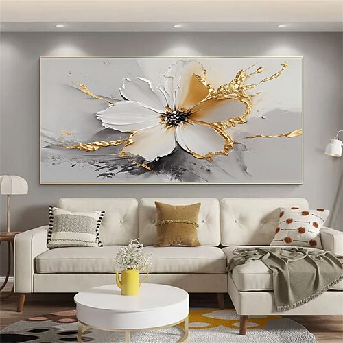 Großes, handgemaltes Ölgemälde mit weißen, abstrakten Blumen, stark strukturierte Ölmalerei auf Leinwand, 3D-Blumenstruktur, florale Wanddekoration für das Wohnzimmer Image