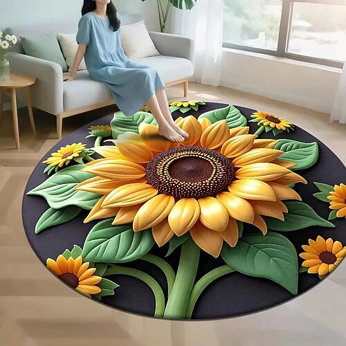 2D-Flachdruck-Teppich mit Sonnenblumenmuster aus Kristall-Samt, ideal für Wohnzimmer, Sofa, Couchtisch, Schlafzimmer, Bettvorleger, Ankleidezimmer – ein weicher, dekorativer Bodenbelag. Image