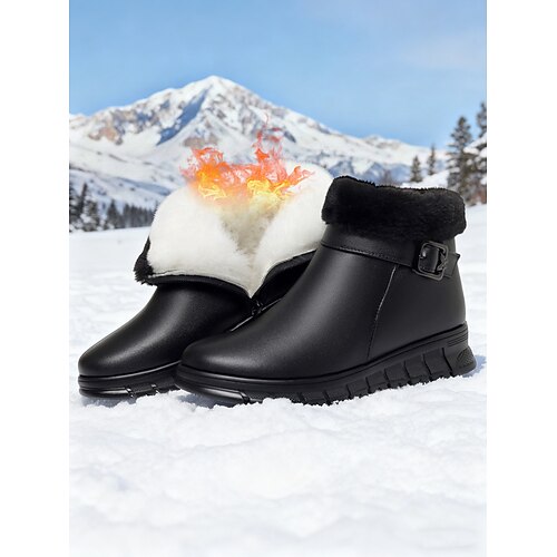 Schwarze Damen-Ankle-Boots aus Kunstleder mit Kunstpelzbesatz und Schnallendetail – bequeme Freizeitschuhe für Herbst und Winter Image