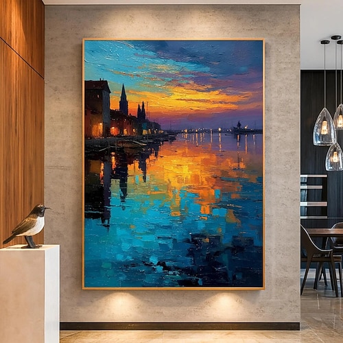 Handgemaltes Ölgemälde auf Leinwand, Wandkunst, Impression, Landschaftsansicht, europäische Stadtansicht, Hafenansicht, Wohnzimmer, Eingangsbereich, Heimdekoration, gerollt, rahmenlos, ungespannt Image