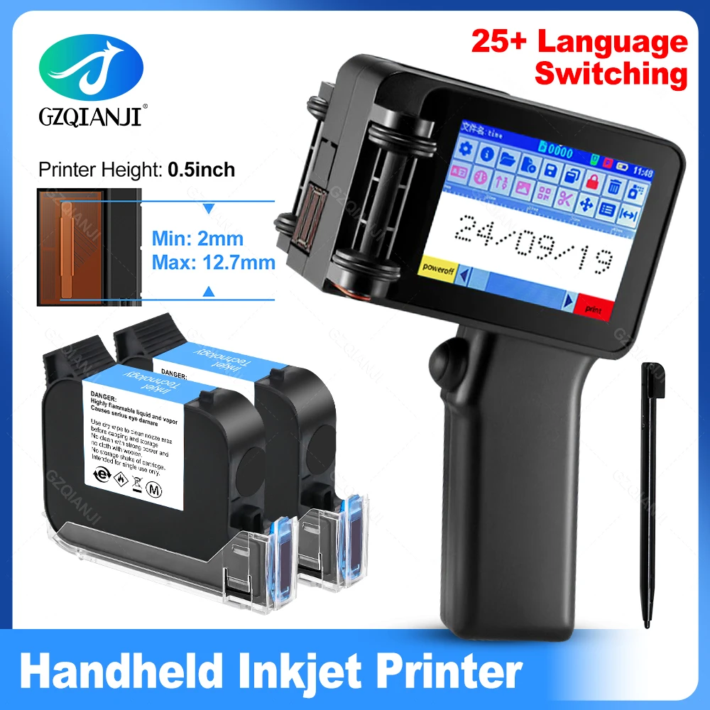 Handheld-Tintenstrahldruckerpistole, klein, tragbar, mit HD-LED, 4,3-Zoll-Touchscreen mit 0/1/2-teiliger Patrone 12,7 mm für QR-Code-Barcode Image
