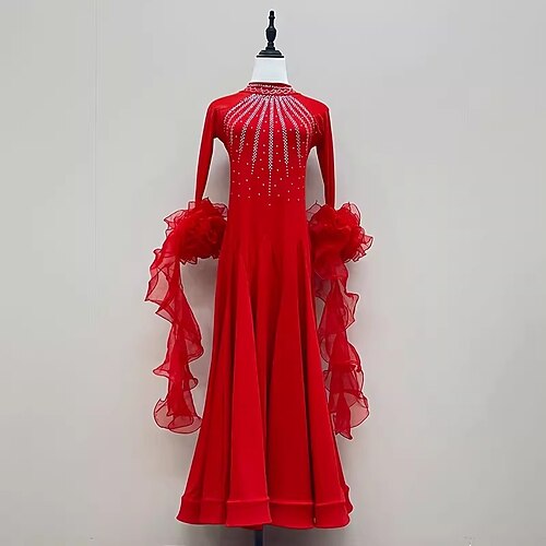 Gesellschaftstanz Kleid Strass Spleißen Damen Leistung Training Langarm Spandex Netzstoff Image