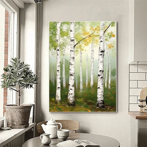 Großes Ölgemälde einer Silberbirke auf Leinwand, originale grüne Birkenwaldlandschaft, strukturiertes Kunstwerk, Schlafzimmerdekoration, Wohnzimmerwandkunst Image