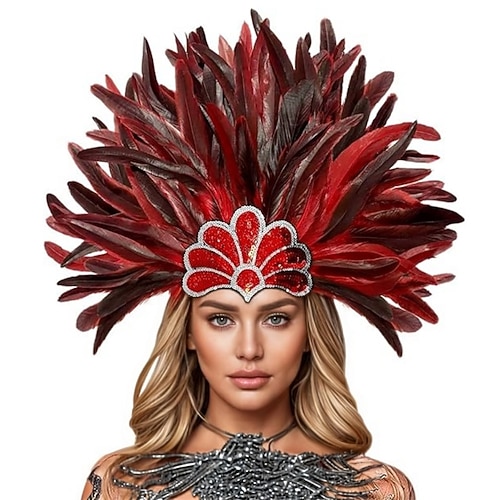 Rio Carnival Samba Accessoires Roter und schwarzer Federkopfschmuck für Frauen - Pailletten Strass Showgirl Kostüm Haarschmuck - Mardi Gras Festival Tanz Accessoire Brasilien Festival Auftritt Kostüm