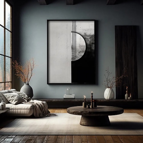 Handgemaltes Ölgemälde auf Leinwand, Wanddekoration in Schwarz-Weiß und Grau, minimalistisch, abstrakt, für Wohnzimmer, Eingangsbereich, Zuhause, gerollt, rahmenlos, ungespannt Image