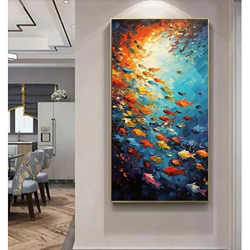 Handgemaltes Ölgemälde auf Leinwand, modernes abstraktes Tiermotiv mit Meeresfischen und Landschaftsmotiv, gerollt, rahmenlos, ungespannt. Image