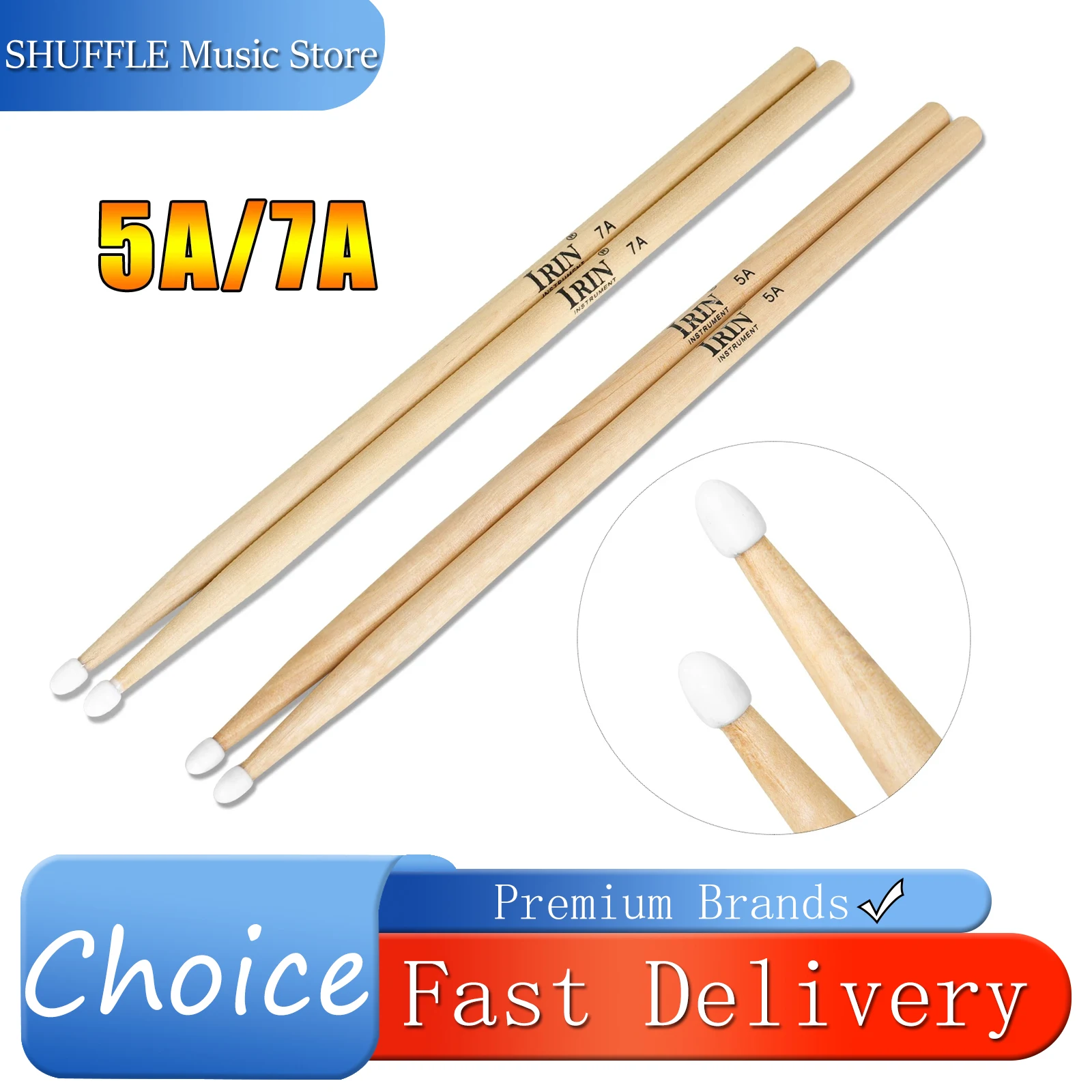 IRIN 1 Paar 5 A/7 A Premium-Ahorn-Drumsticks-Schlägel, ideal für alle Altersgruppen, langlebige Übungs-Drumsticks für Jazz-Percussion-Musical Image