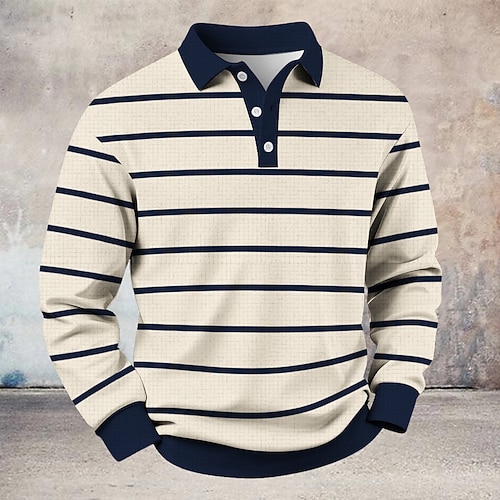 Herren Horizontale Streifen Waffel-Poloshirts Rugby-Poloshirt Langarm Polo-Shirts Hemden mit Kragen Lässig Sport Alltagskleidung Knöpfe Frühling Herbst Winter Blau Schwarz Braun Image