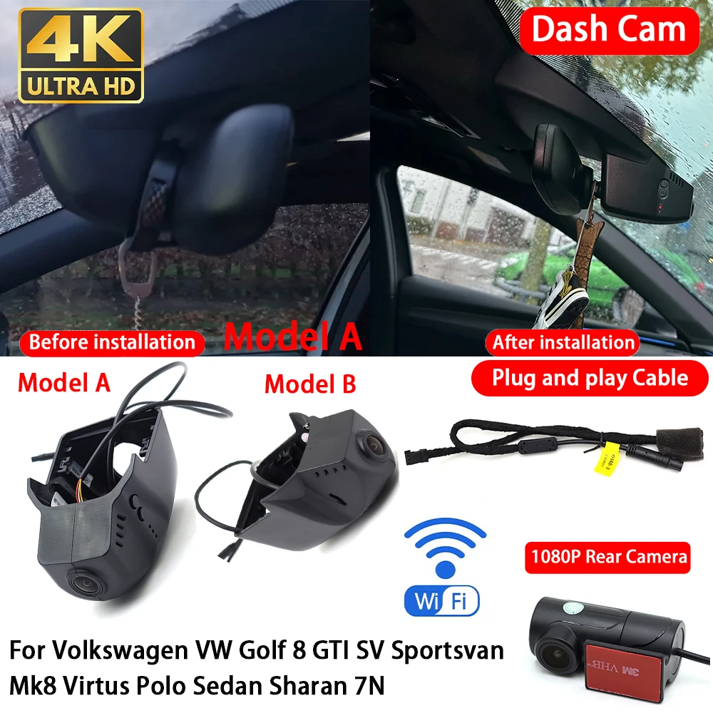 Für Volkswagen VW Golf 8 GTI SV Sportsvan Mk8 Virtus Polo Sedan Sharan 7N 4K Dashcam Vorne Hinten Auto-Kamera DVR WLAN Plug & Play Image