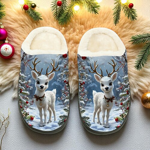 Weihnachtspantoffeln für Damen mit Rentiermotiv – weiche Plüsch-Winterschuhe mit niedlichem Rentier-Design, warme Fleece-Hausschuhe für die Weihnachtszeit und als Geschenk. Image