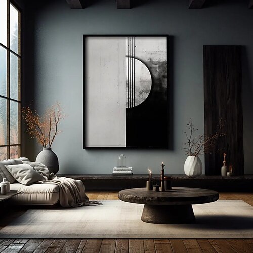 Handgemaltes Ölgemälde auf Leinwand, Wanddekoration in Schwarz-Weiß und Grau, minimalistisch, abstrakt, für Wohnzimmer, Eingangsbereich, Zuhause, gerollt, rahmenlos, ungespannt Image