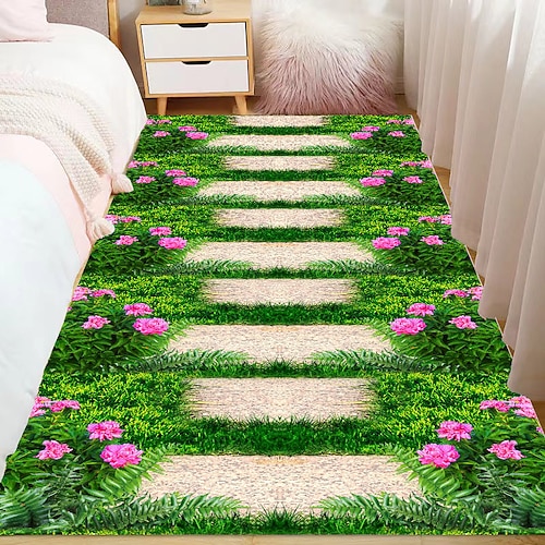 Fußmatte mit 2D-Flachdruck, rutschfest, schnelltrocknend, mit 3D-Blumenmuster, weich, strapazierfähig, pflegeleicht, ideal für Schlafzimmer und Bett. Image