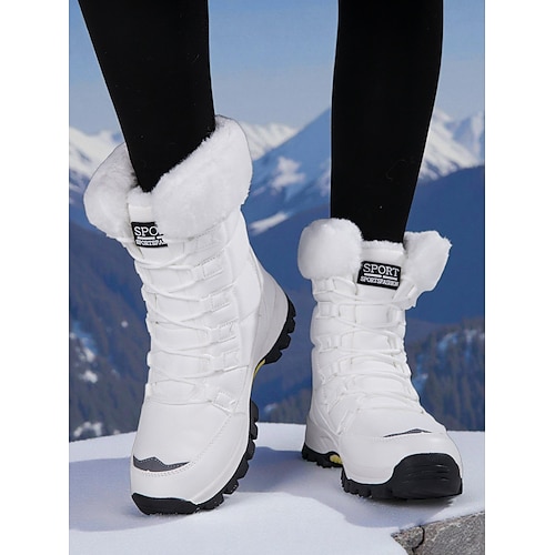 Weiße Damen-Winterstiefel mit Fellbesatz – wasserdichte Schnürstiefeletten mit Plateau für Wandern, Skitouren und Wintersport Image