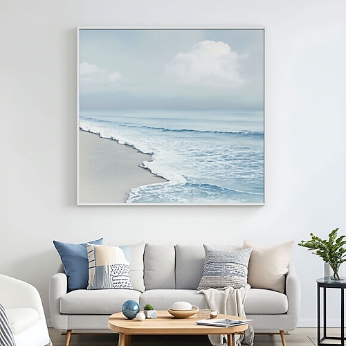 Großes abstraktes Gemälde eines blauen Ozeans, hellblaue abstrakte Ozeankunst, Ozeanwellen-Leinwandgemälde, weiße strukturierte Wandkunst, Ozeanwellen-Wandkunst Image