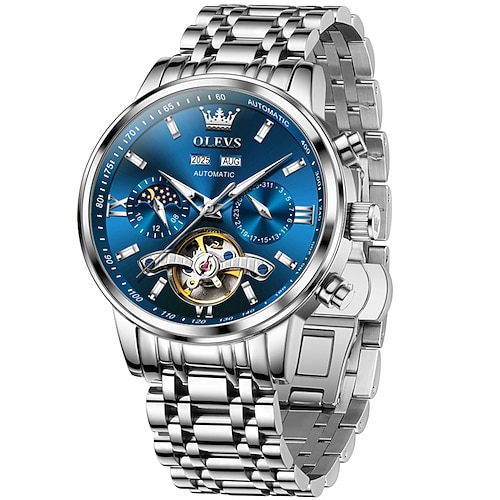 Olevs Herren-Automatikuhr, Luxus-Armbanduhr mit Skelettzifferblatt, wasserdicht, 42 mm Gehäuse, gold-blau, Modell 6740 Image