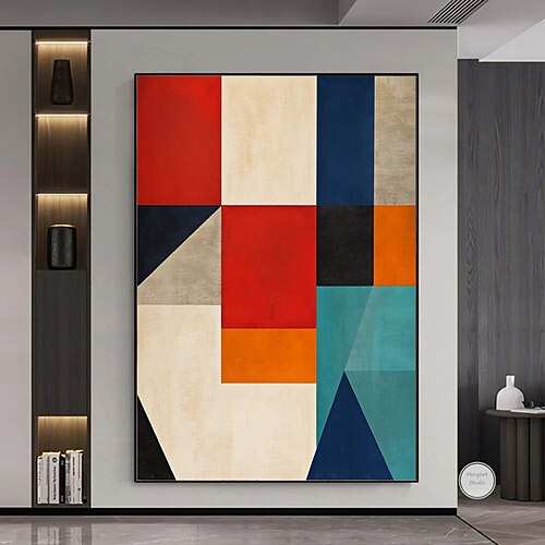 Ölgemälde, handgemalt, abstraktes Farbblock-Ölgemälde, Wandkunst, großes farbenfrohes geometrisches Gemälde im Mid-Century-Modern-Stil auf Leinwand, handgefertigtes Originalkunstwerk, Image