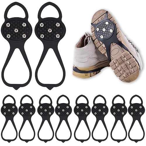 5 Paar universelle, rutschfeste Spikes für Schuhe, Eis- und Schneegriffe mit 5 Spikes, Steigeisen, universelle Schneespikes zum Wandern, Spazierengehen, Klettern im Freien Image