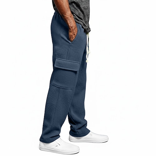 Herren Waffel Cargo-Hosen Cargo-Jogginghose Hose Gerade geschnittene Sweatpants Kordelzug Elastischer Bund Mehrere Taschen Einfach Feuchtigkeitsableitend Atmungsaktiv Volle Länge Sport im Freien Image