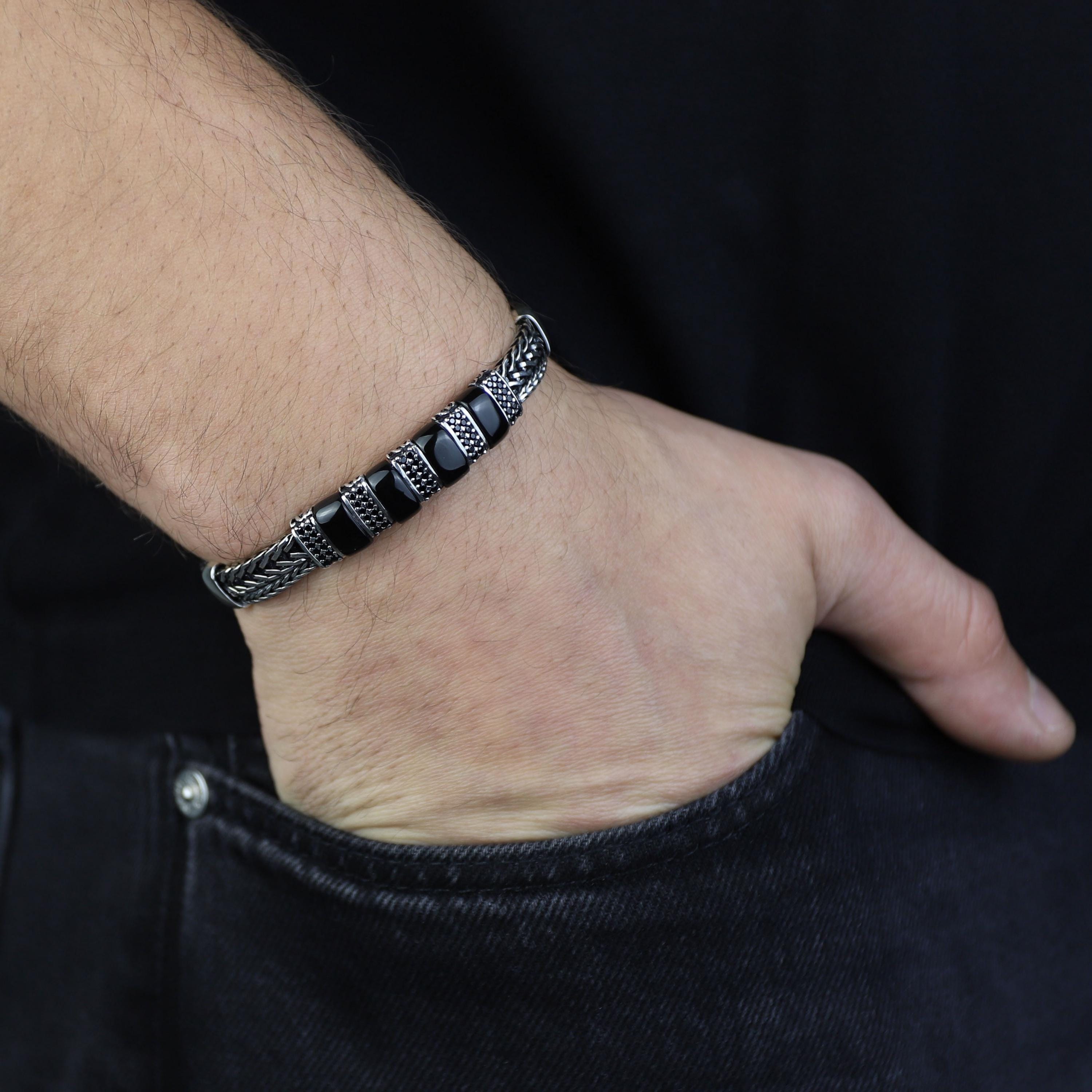 Bracciale a catena in onice in argento sterling 925, bracciale a catena con maglie in onice, bracciale a catena a coda di volpe, bracciale con pietra