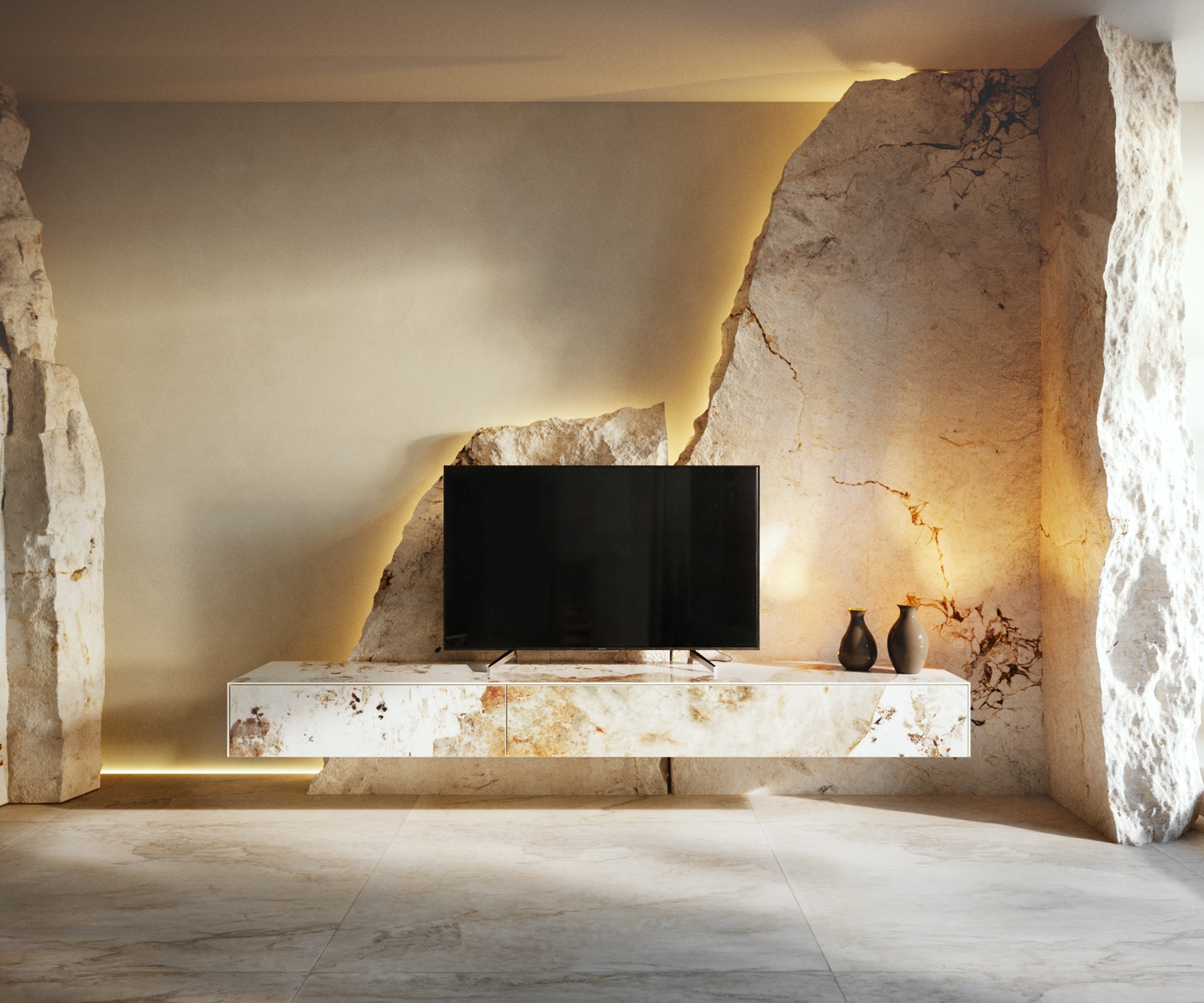 DELIFE Lowboard Cuor 200 cm Keramik Minas Melange Weiß-Beige 1 Klappe 1 Schubfach Schwebend, Lowboards Image