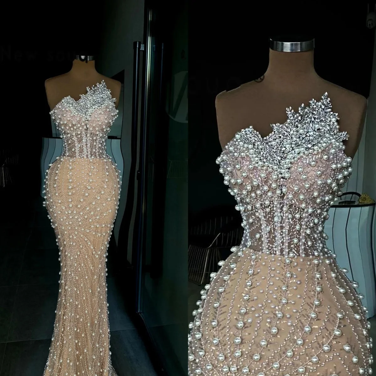 Gorgeous Evening Dresses For Women Strapless Sleeveless Gown Pearls Beaded Sequins Crystal Dress Party Customized Dress