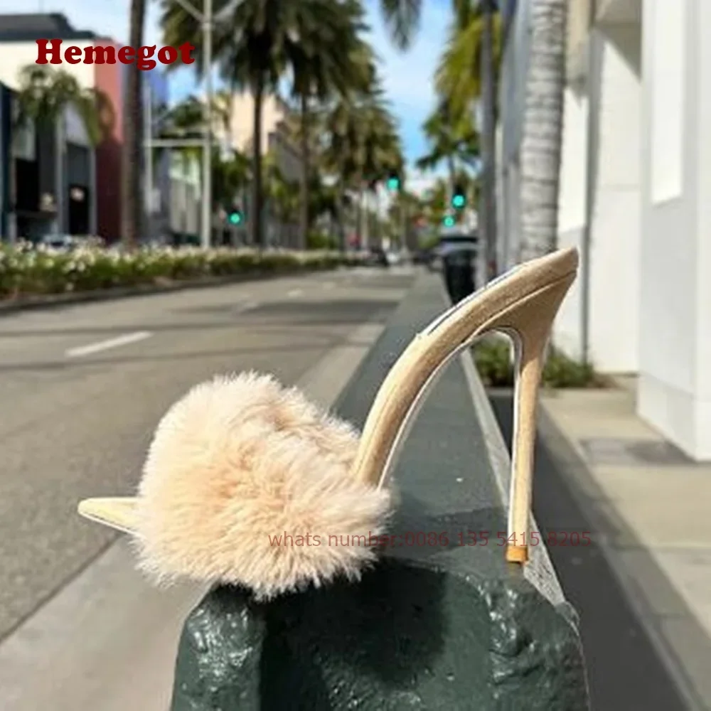 Vaniglia camoscio visone muli pelliccia punta a punta pantofole da donna Stiletto solido sottile tacchi alti estate Casual scarpe da festa fuori Sexy